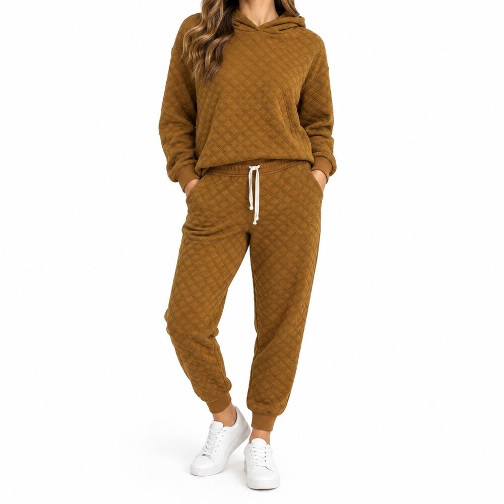 Madewell Quilted Hoodie Jogger Sweat Set Mustard Brown Womens Small Athleisure